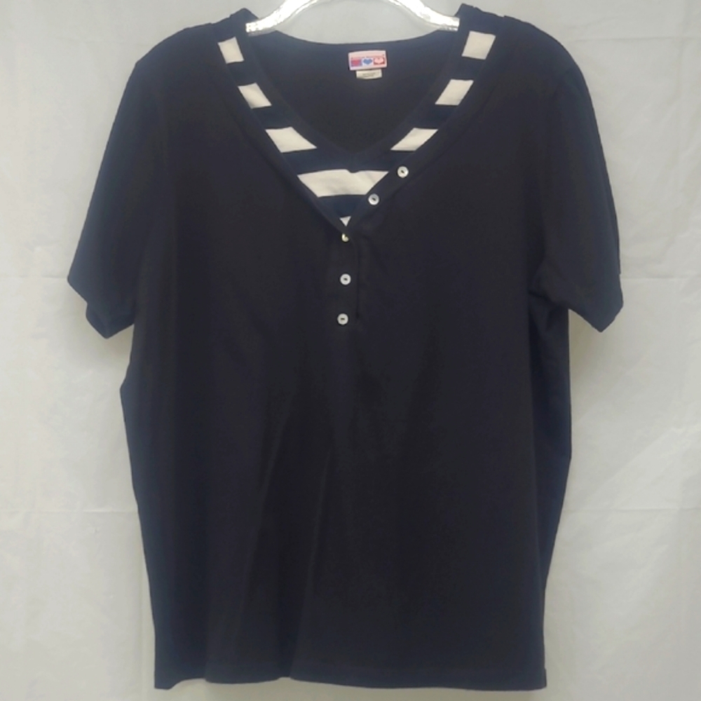 Short Sleeve T-shirt Black Qtr Button V Neck Striped Trim